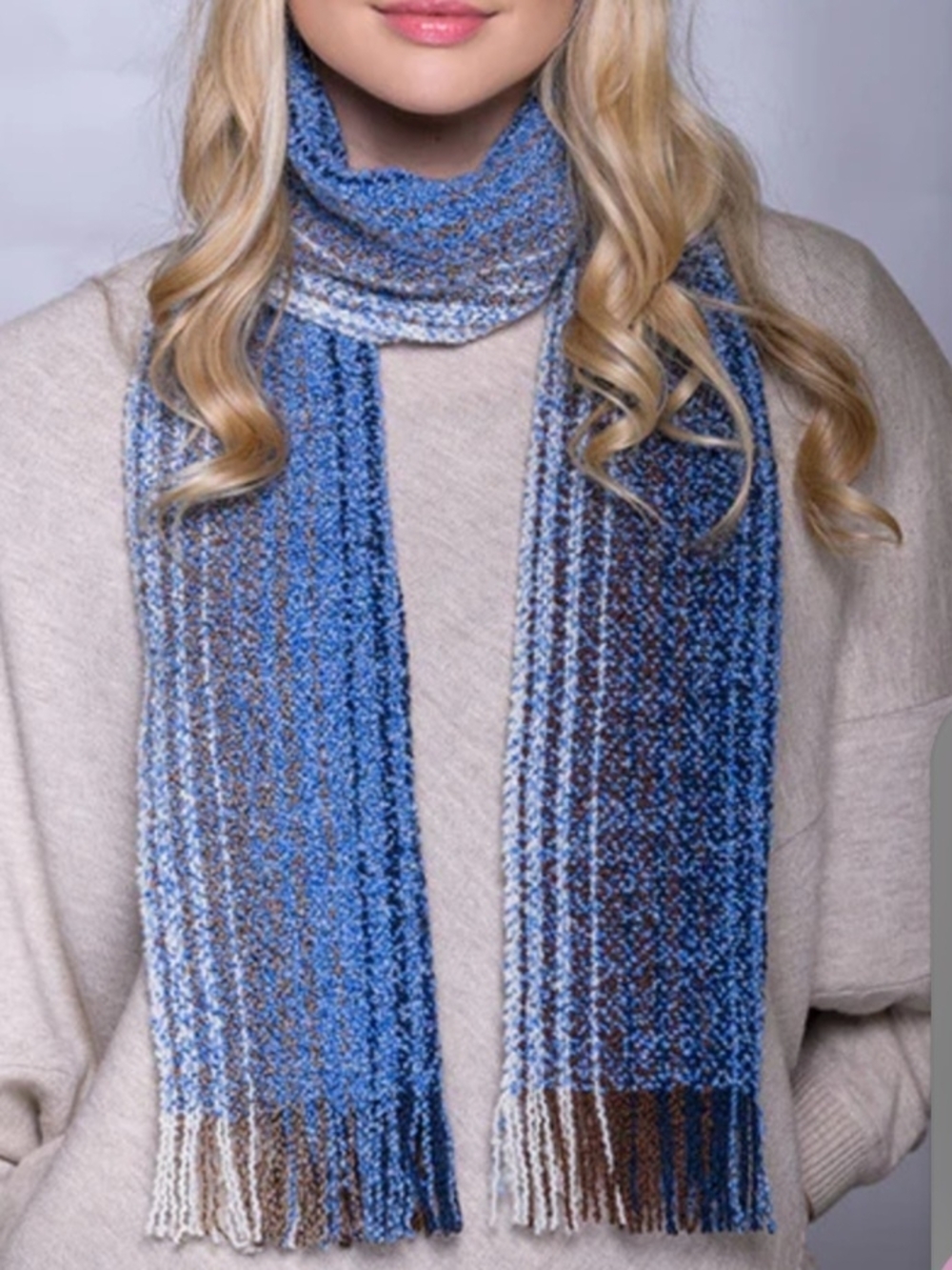 Mucros Weavers Woven Blue Brown Extra Fine Merino Wool & Cashmere Skellig Scarf